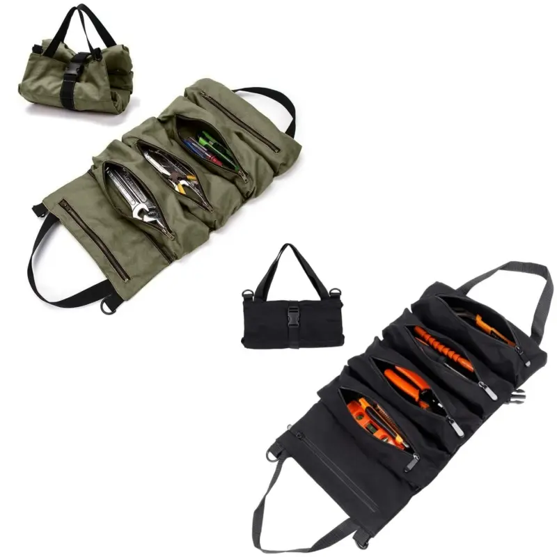 Heavy-Duty Tool Bag Organizer, Multi-Functional Canvas Roll-Up Pouch with 5 Zipper Pockets, Portable Wrench Carrier for Mechanics & Craftsmen, Heavy-Duty Tool Bags, Multi-Functional Tool Bags