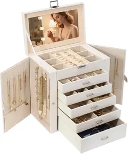 BOOVO  (Pearl White) Jewelry Organizer Box Jewelry Box For women, 6 Layer Large Jewelry Organizer With Mirror, Multi-Function Storage Box With Lock, Accessory Holder With 5 Drawers, For Earrings Necklace Ring Bracelet