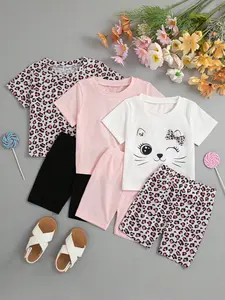 Baby Girls Leopard Print Cat Pattern Short Sleeve Shorts Set (three Pieces), Casual Slim-Fitting Suit, No Button or Zipper, China Made