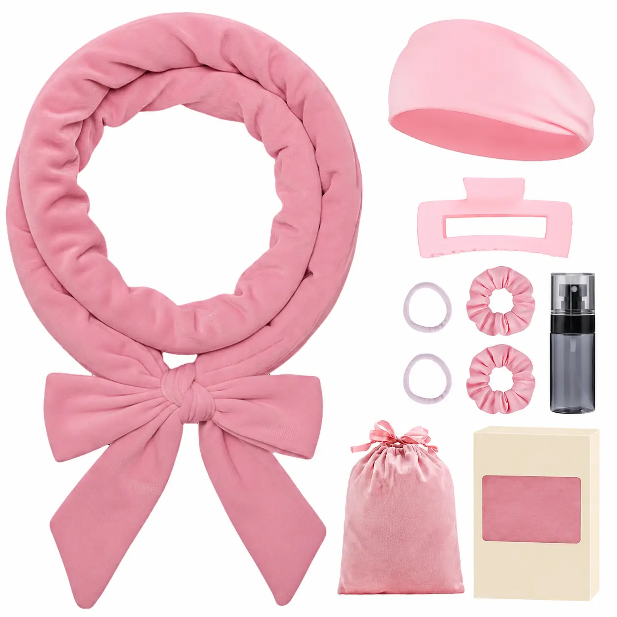 Heatless Curls Overnight Set, No Heat Hair Curlers To Sleep In, Hair Rollers with Scrunchies and Clips for Women Long & Short Hair, pink