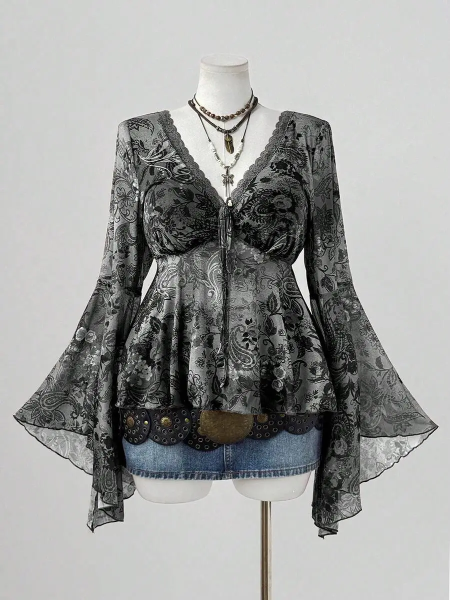 Kallé x Flirla Plus Size Women Cashew Floral Print Contrast Lace V-Neck Flare Sleeve Blouse,Pastel,Autumn,Boho,Vacation,Holiday Vintage Bohemian Tops Fall Clothing