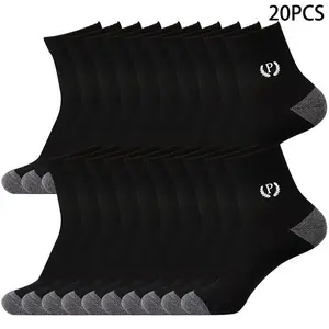 Men's Clothing Pack of 20 Pairs Men's Mid-Calf Socks Breathable Long Socks Solid Color Versatile Sports Letter Casual Men's Socks Fabric Menswear Black Spandex Gamis Tropical