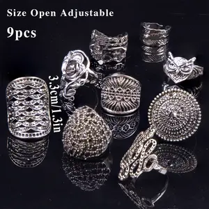 9pcs Vintage Large Silvery Ring Set Rose Chunky Punk Boho Style Jewelry for Women And Men Gift Rings Sparkling Rings