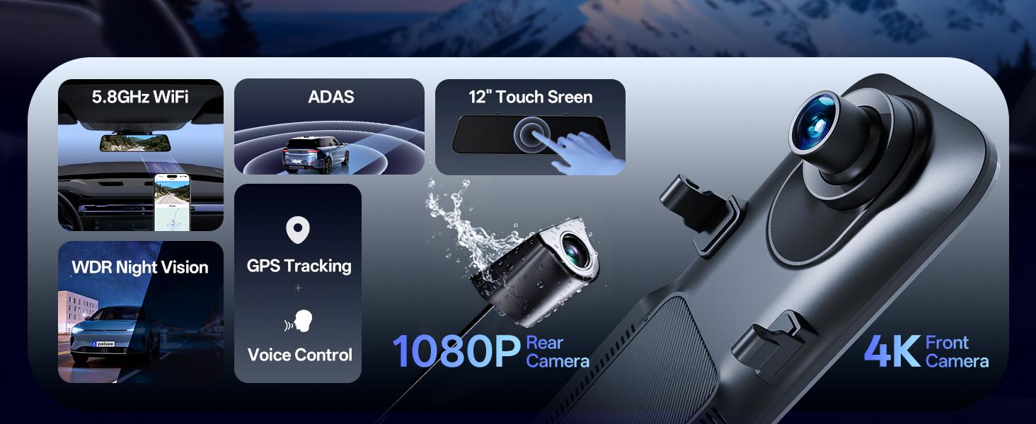 Pelsee P12 Pro 4K Mirror Dash Cam, 12'' Rear View Mirror Camera, Free 32GB Memory Card, Smart Driving Assistant w/ADAS and BSD,2160P Front and Rear Camera,Voice Control,Night Vision,Parking Monitoring detail 3