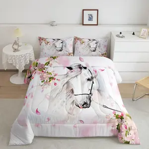 Feelyou Digital Print Animal Theme Bedding Set - White Horse & Watercolor Wild Animal Comforter, Skin-Friendly Microfiber, Multi-Size, Chic Blush Pink Floral, Bedroom Bedding, Decorative Bedding, Bedroom Bedding Set, Decorative Bedding Set