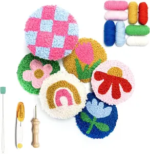 Punch Needle Kit, Set of 6 Coasters, Includes Beginner Video Tutorials and Instructions, Beginner Punch Stitch for Adults, Mug Rug Punch Needle Kit,