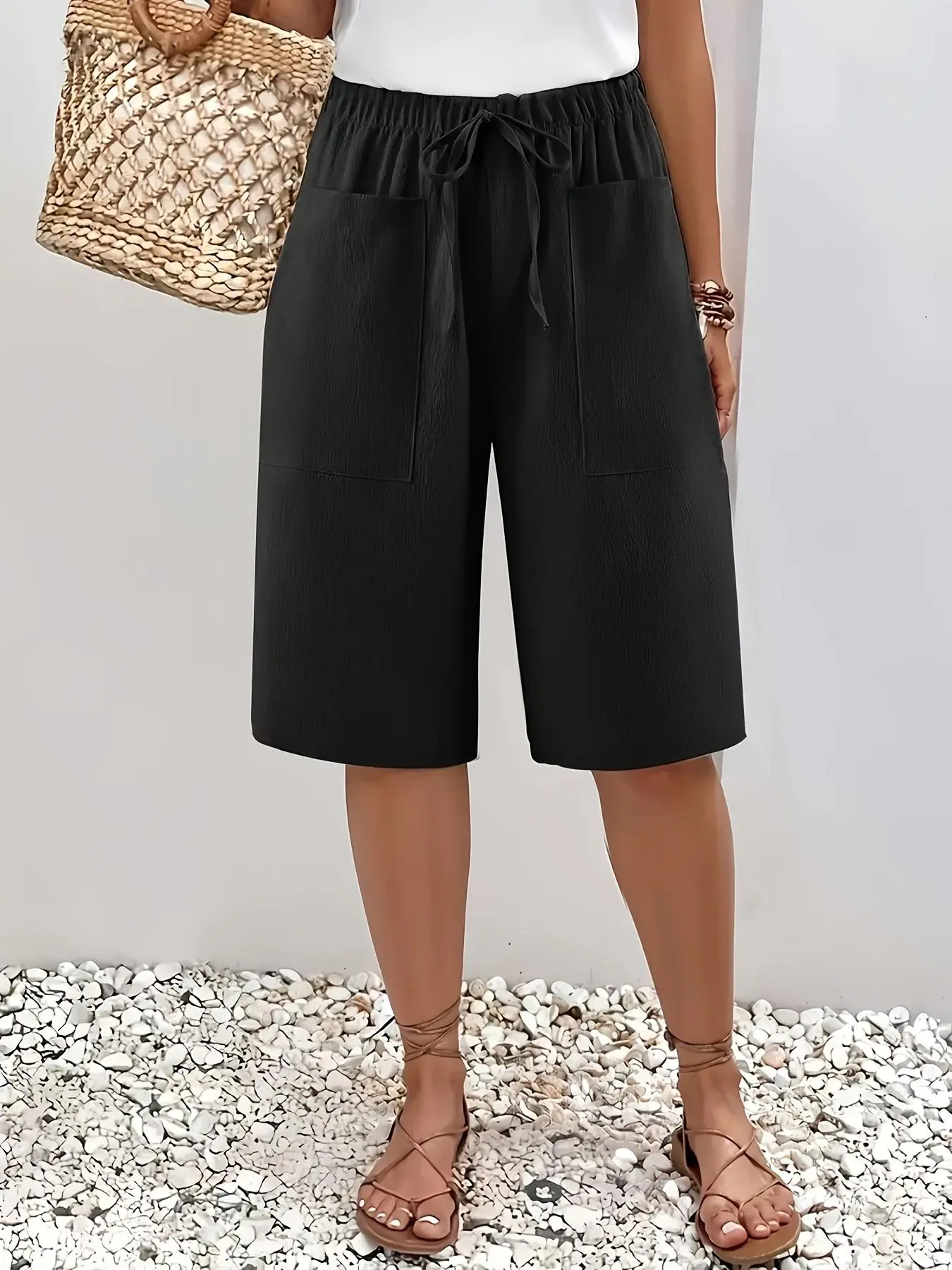 Women's Birmingham Casual Basic Loose Oversized Shorts, Knee-Length, Drawstring Waist, 2 Pockets, Breathable Fabric, Ultimate Comfort and Fashion