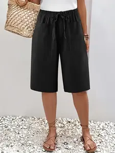Women's Birmingham Casual Minimalist Loose Shorts, Bottom, Knee-Length, Drawstring Waist, 2 Pockets, Breathable Fabric, Ultimate Comfort and Fashion