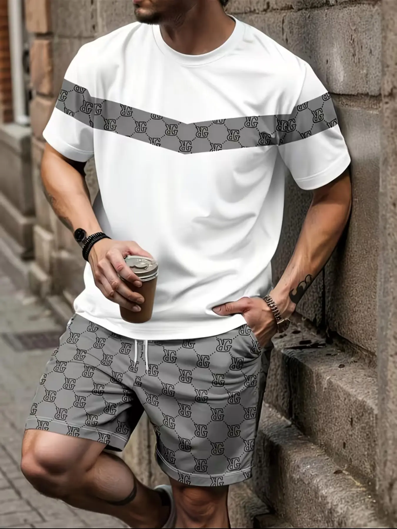 Men's Outdoor Summer Tropical Trendy Vintage Short Sleeve Round Neck T-Shirt + Shorts Set, Outfits, Clothes, Menswear, Quick-Dry Fabric, 3D Digital Print, Casual Street Style, Perfect Gift, Graphic Tee Set