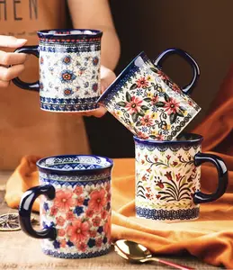 Bohemian Style Ceramic Coffee Cup, Hand-Painted Floral Pattern Mug, Breakfast Cup, Washable and Reusable Ceramic Drinkware, Suitable for Office, Dormitory, and Home Scenarios.