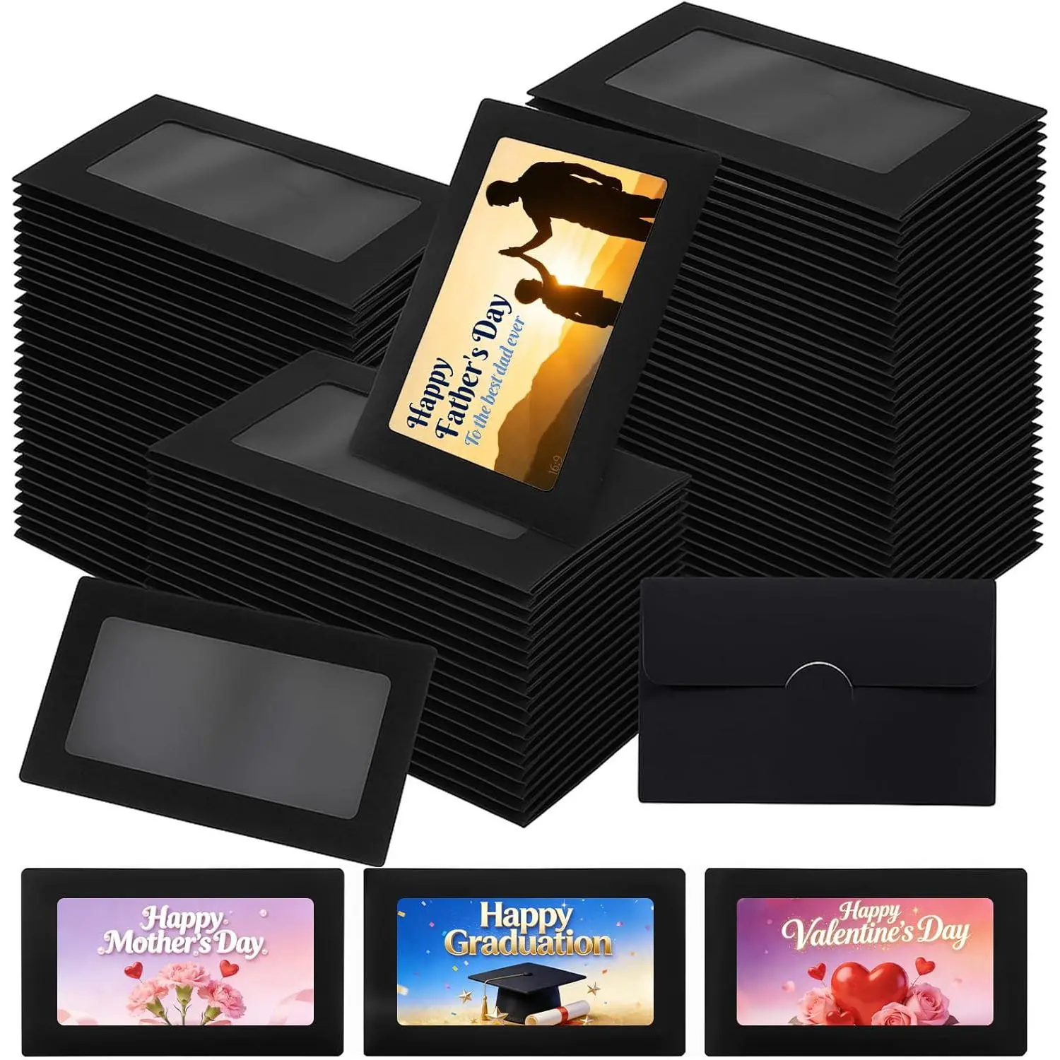 300Pcs Black Window Gift Card Envelopes (3.9'' x 2.4''), Easy Display Transparent Window View, Tuck-In Closure, Elegant Design Mini Home Organizer Sleeves for Father's Day, Graduation, Mini Sized Products