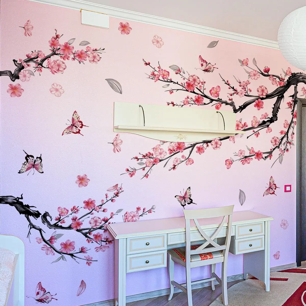 Cherry Blossom Wall Decals - Large Pink Flowers & Butterflies  Removable Stickers For Bedroom Living Room Decor Easy Peel And Stick Home Art