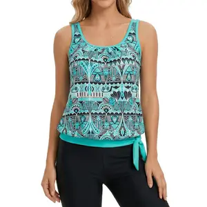 Plus Size Turquoise Tribal Print Tankini Set for Women, Blouson Swim Top, High Waisted Black Swim Shorts, Tummy Control Modest Swimsuit for Beach & Pool