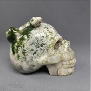 MuMu Moss Agate Skull Sculpture - Natural Elegance and Grounding Symbolism Housewarming