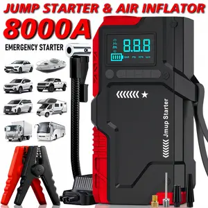 Multi-functional car emergency starter, Automotive tool kit, 2-in-1 car repair kit (180 psi air compressor and 8000A car start power supply), 12V/24V wireless charger, with alligator clip and inflation accessories, car emergency rescue tool