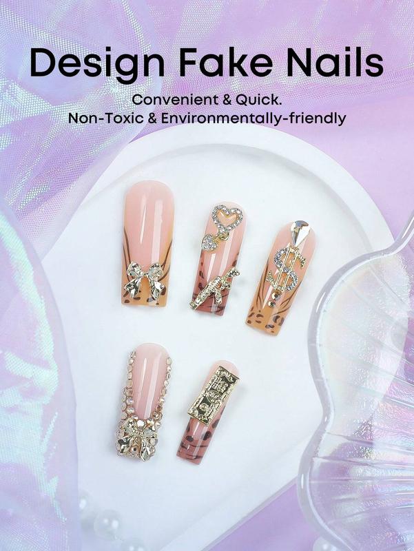 24pcs Y2K Style Pink Rectangle Press-On Nails, Leopard Print French Tip Design With Rhinestones, Hearts, Guns, Music Notes And Bows Decorations, High Gloss Full Coverage, Suitable For Women And Girls Daily Wear, Party And Date Manicure Set