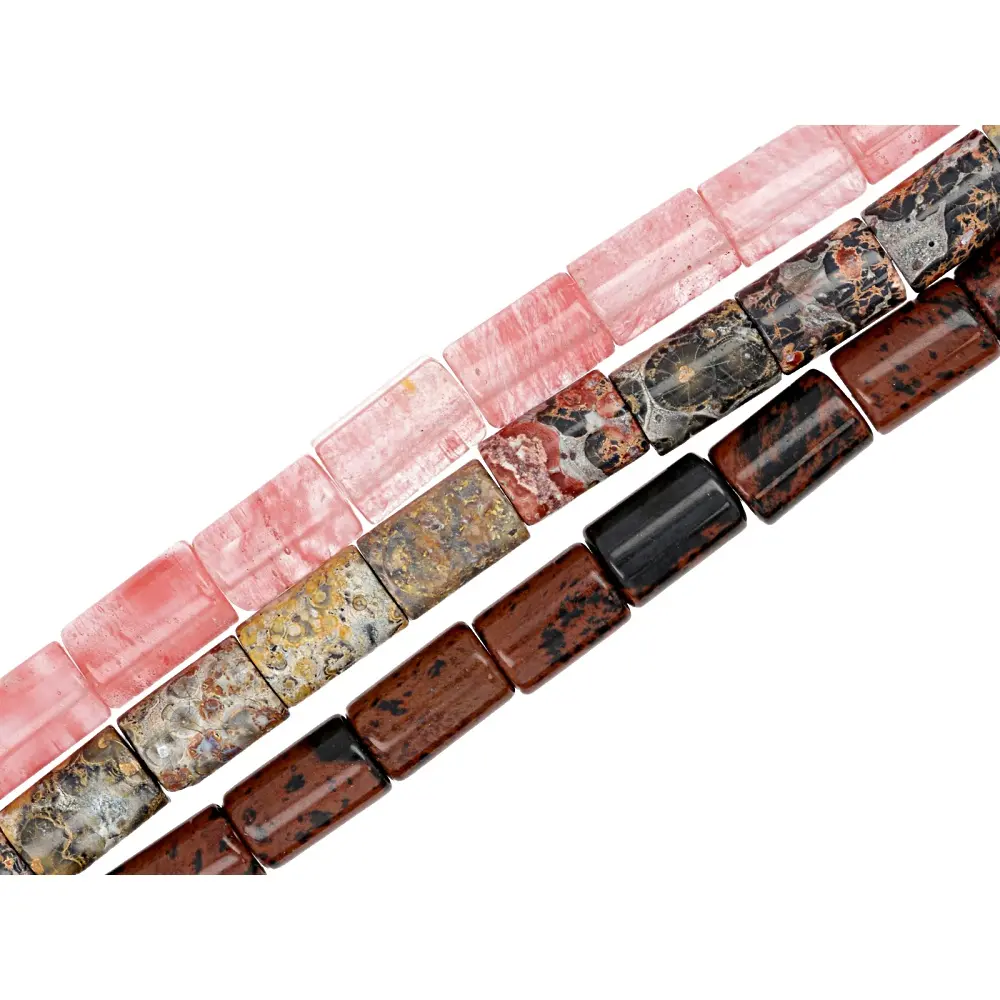 JTV Mohagany Obsidian, Cherry Glass and Leopard Jasper 8x12 Tube Large Hole Bead Set of 3