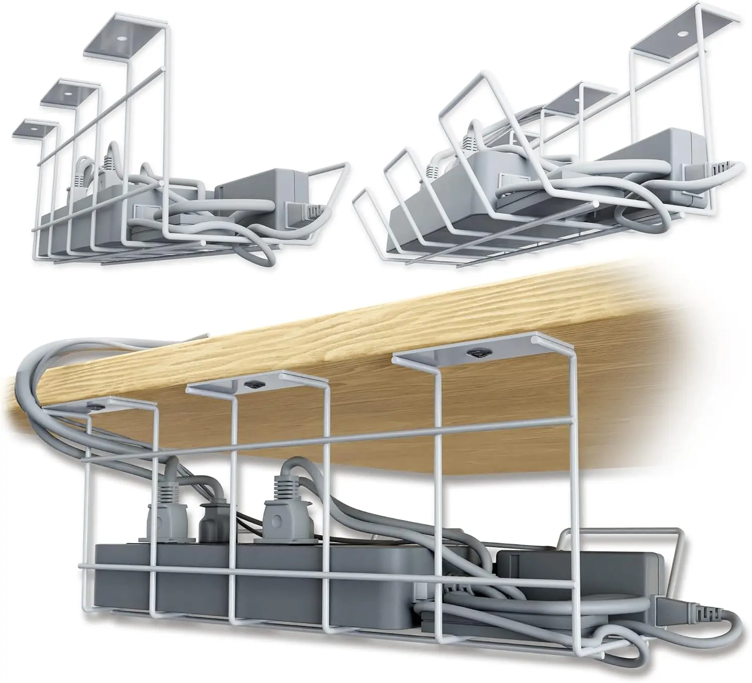 Under Desk Cable Management Tray, 2 or 4 Pack Welded Steel Wire Basket, Screw-Mount Cord Organizer for Power Strips, Home Office and Gaming Desks