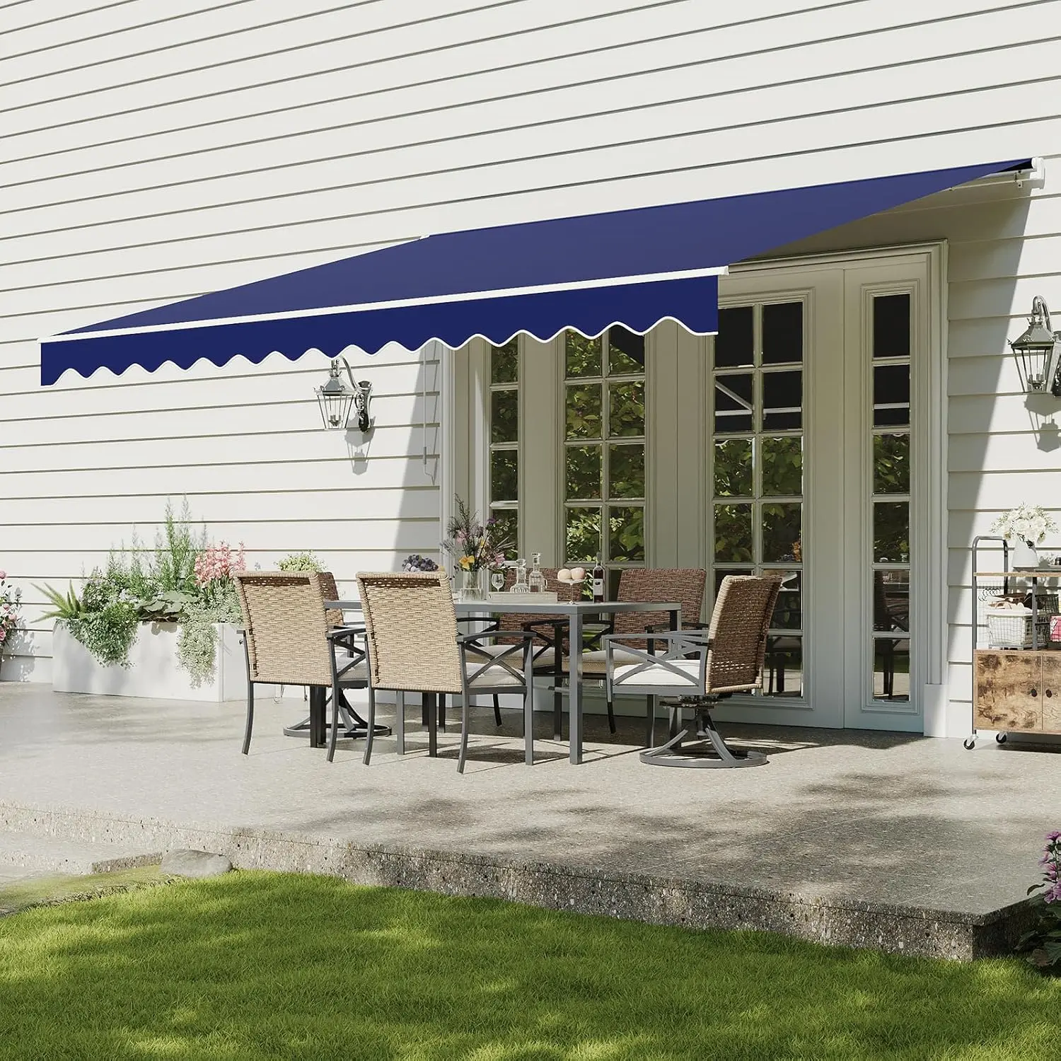 Aoxun Manual Retractable Awning for Outside 12x10 FT Outdoor Patio Sun Shades Canopy with Crank Handle Waterproof Polyester PA Coated Fabric for Backyard Deck Window