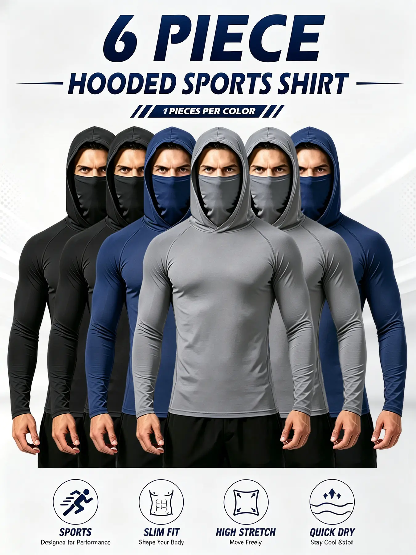 6-Pack Men’s Performance Hoodies, Lightweight Long Sleeve Athletic Shirts with UPF 50+ Sun Protection, Moisture-Wicking Gym Gear, Breathable & Quick-Dry for Running, Fishing, and Outdoor Workouts
