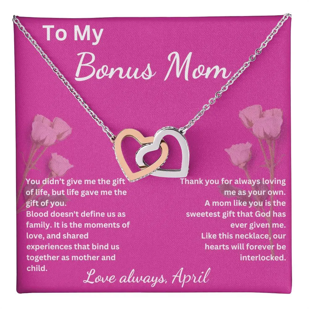 To My Bonus Mom; Interlocking Hearts Necklace; Keepsake for Mom from Stepson/ Stepdaughter; Mother's Day Gift for Stepmom; Birthday Gift for Stepmom; Christmas Gift for Stepmom