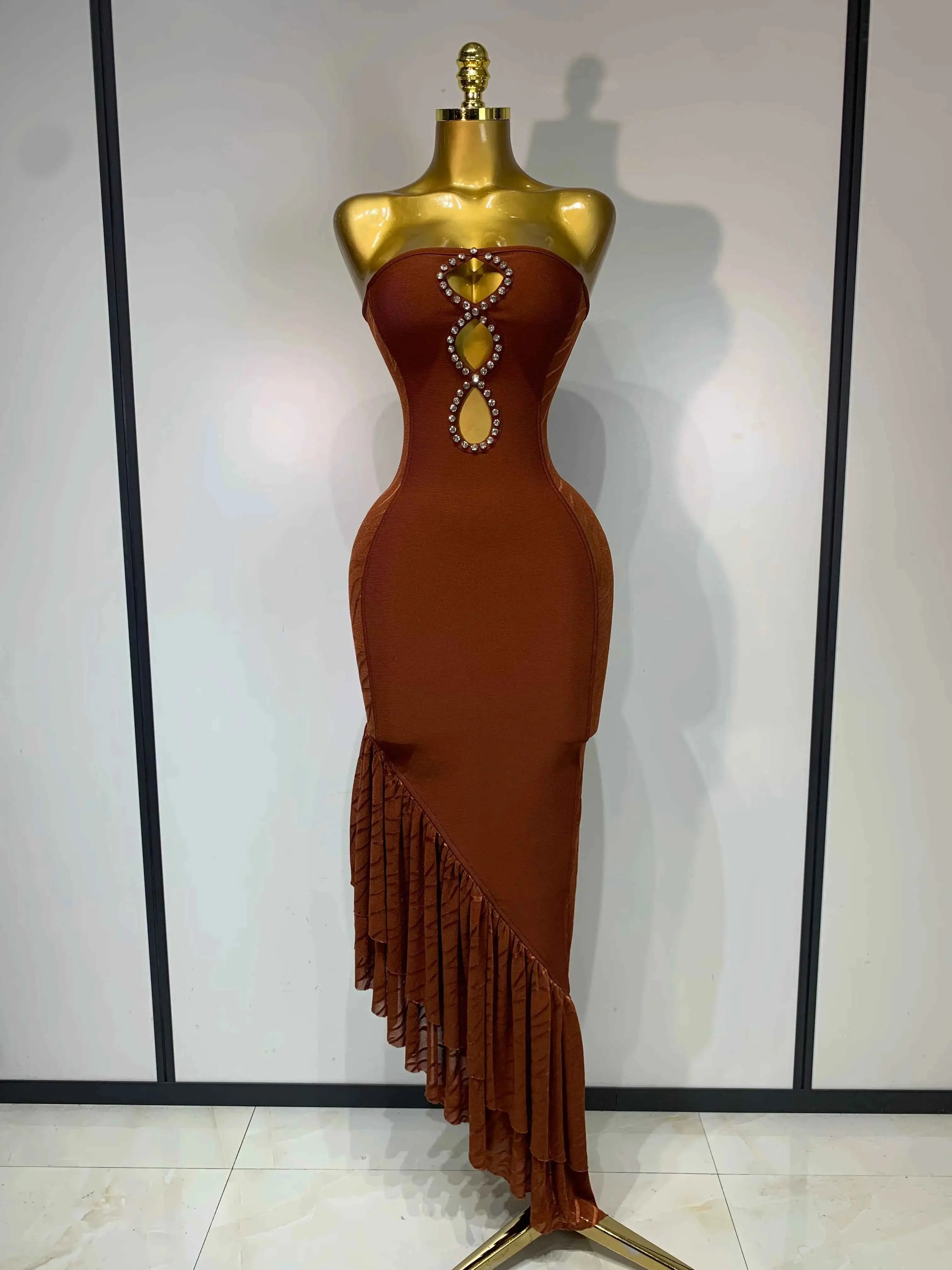 Women's Elegant Bodycon Bandage Dress, Strapless Sculpting Fit with Rhinestone Cutouts for Party or Prom Night, Elegance, Sculpting Bandage Fit, Birthday, Evening Style, Glamorous, Rhinestone Edition Evening Dresses