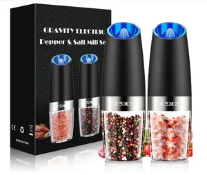 XinXu Gravity Electric Pepper and Salt Grinder Set, Adjustable Coarseness, Battery Powered with LED Light, One Hand Automatic Operation