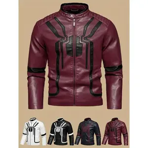 [Stylish PU Leather Spider Jacket] Men's Color Blocking Spider Pattern Stylish PU Leather Jacket, Multi-pocket Street Style Retro Classic Bomber Jacket