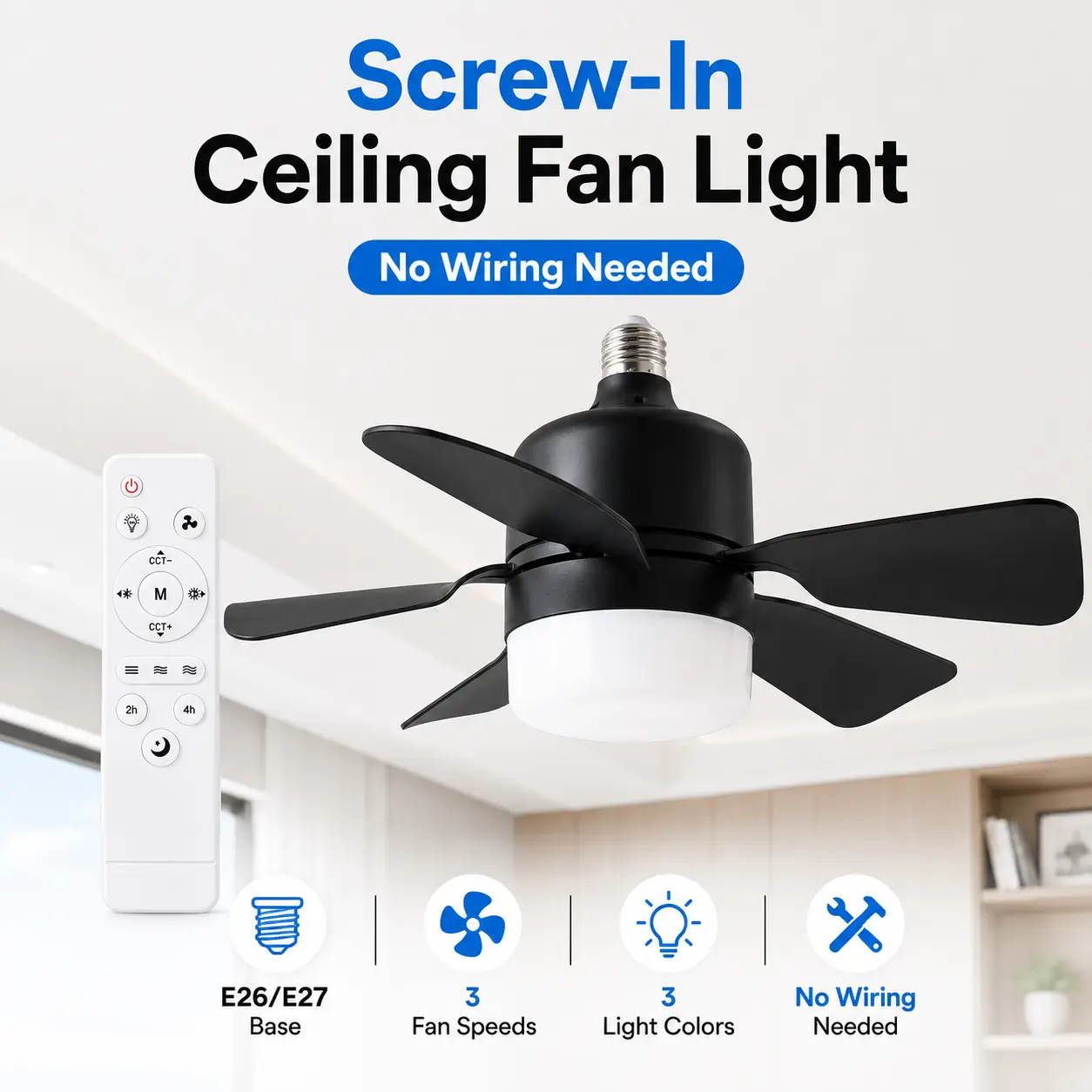 30W Screw-In Ceiling Fan Light with White Remote, 5-Blade E27 Socket Fan, 3 Speeds, Dimmable LED, 3 Color Temperatures & Timer for Bedroom, Kitchen and Garag