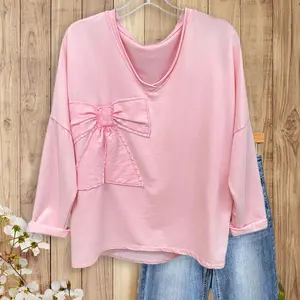 Sagevell Soft Pink V-Neck Top with Bold Bow Detail Relaxed Fit Long Sleeve Pullover Cozy Cotton Blend Blouse for Women Spring Everyday Wear