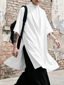 Men's Fashion Medium-Length Design Half Sleeve Shirt, Stylish Fitted Blouse, Plain Pattern, Perfect for Casual Wear, Top