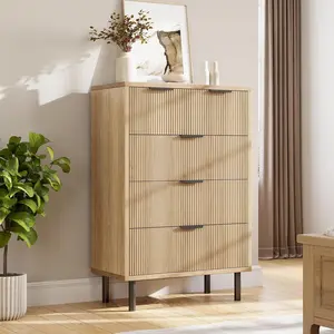Wave Fluted 5 Drawer Dresser, 38'' Tall Chest of Drawers with Anti-Tipping Device, Wide 4 Tier Wood Nightstand with Storage and Metal Legs for Bedroom, Entryway, Small Spaces, Natural