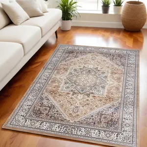 212 MAIN 5x7 ft. Powerloomed Low Pile Polyester Fiber Floral Medallion Distressed Area Rug - Beige Gold Red, Non-Skid Rectangle, Bohemian Style, Stain Resistant, High Traffic, Worn Fade Resistant, Ideal for Living Room Decor, Bohemian Style Rugs, Low Pile