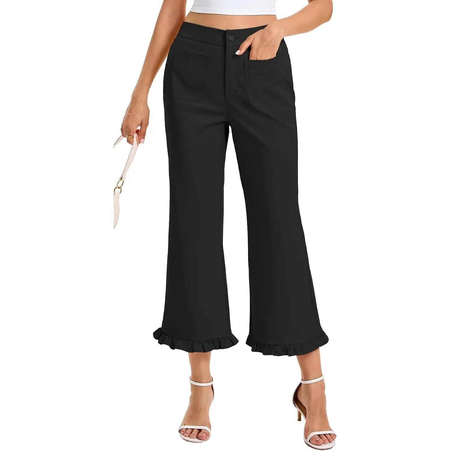 SCOFEEL Women's Feminine Basic Ruffle Hem High-Waisted Wide-Leg Cropped Flare Capris Pants with Elastic Waist, Button Detail, Pockets & Casual Fit, Bottoms