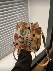 Stylish Floral Pattern Vintage Drawstring Bucket Bag, Casual Crossbody Bag for Women, Ideal for Daily Work and Date Gifts, Casual Trendy Bag