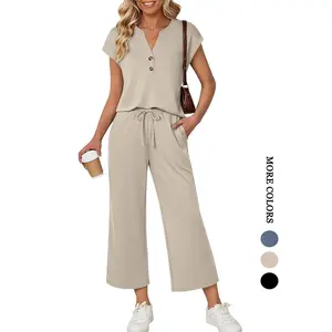 Women's Summer Casual 2-Piece Set, Short Sleeve Button Top & Elastic Waist Pants, Breathable Fabric, Home Wear, Daily
