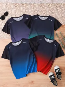 Boy's Ombre Print Round Neck Tee, Casual Short Sleeve Crew Neck T-Shirt for Summer, Kids Clothes for Daily Wear