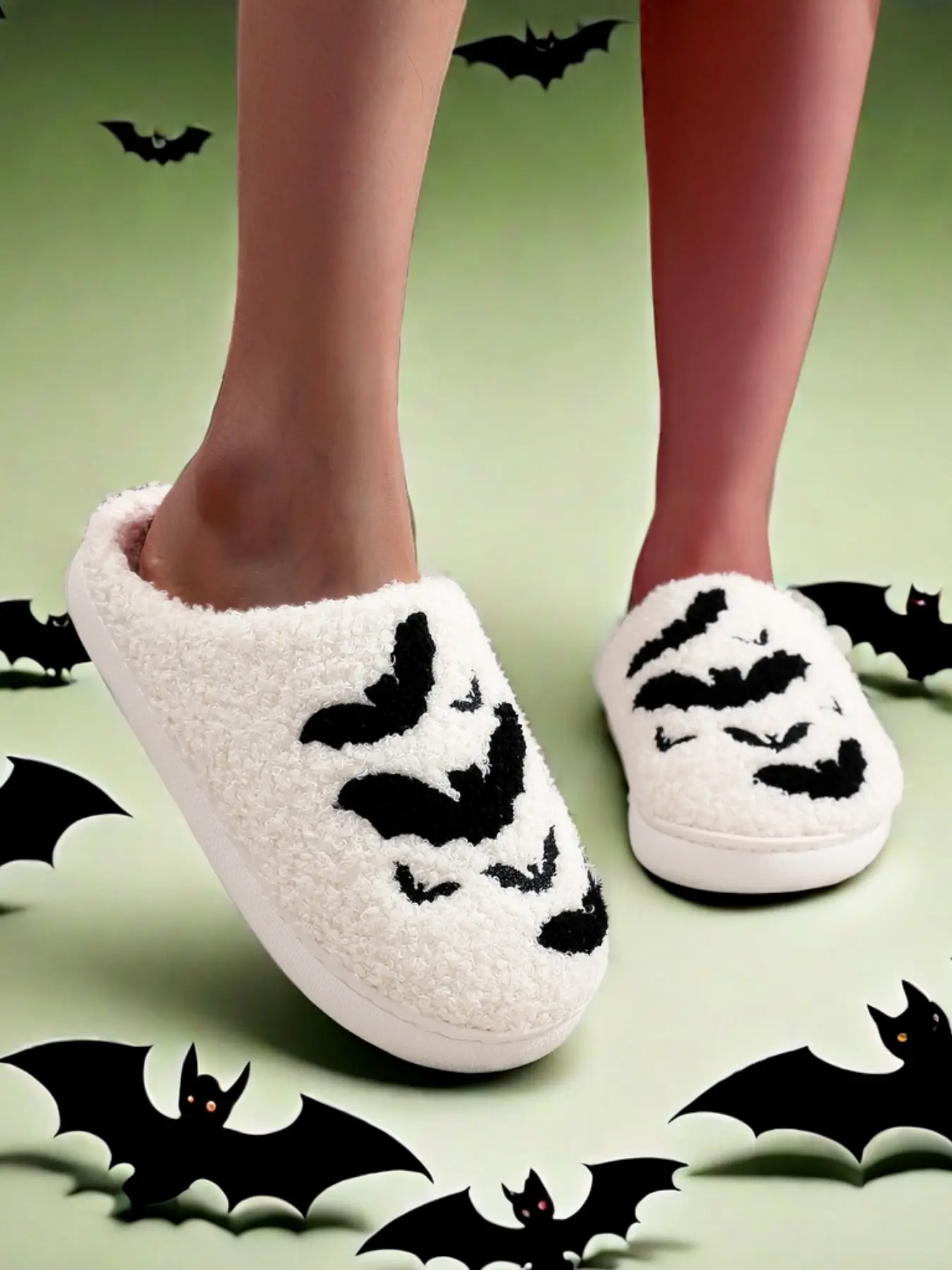Bat Pattern Embroidered Halloween Slippers, Comfortable Indoor Home Shoes House Slippers for Men & Women, Fall Winter Christmas Gift Ideas, Footwear