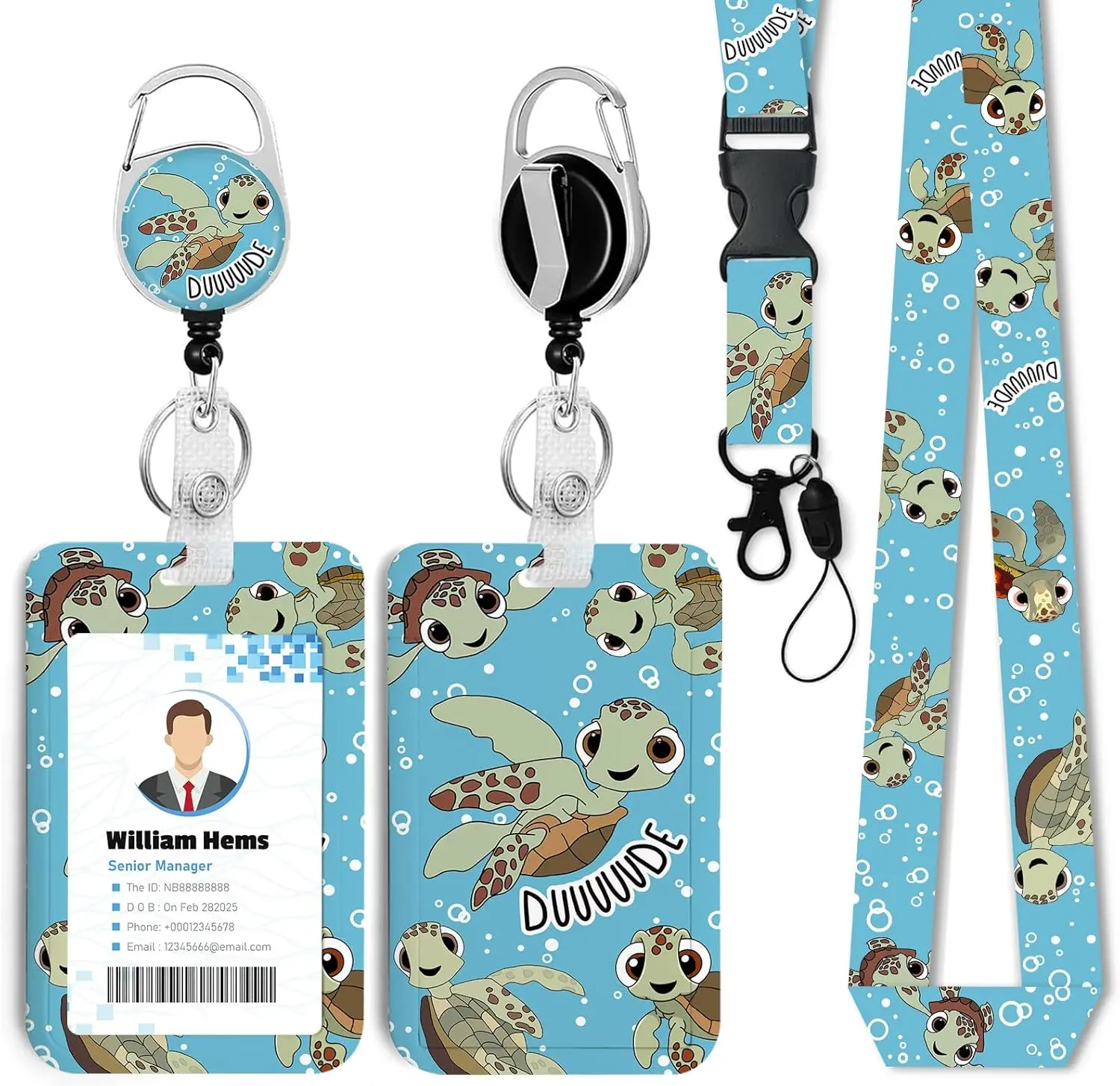 Sea Turtle ID Badge Holder with Breakaway Lanyard, Heavy-Duty Retractable Reel - 360 Rotating Carabiner for Women, Office Use with Effortless Accessibility