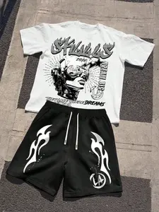 Men's 2-Piece Set Letter Pattern Print Round Neck T-Shirt & Outdoor Sports Drawstring Shorts, Summer Casual Outdoorswear