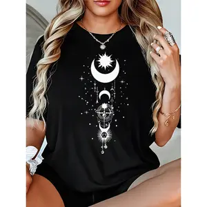 Women's 100% Cotton Fitted Round Neck Shortsleeve T-Shirt - Moon & Sun Celestial Print, Streetwear Top for Casual Everyday Wear