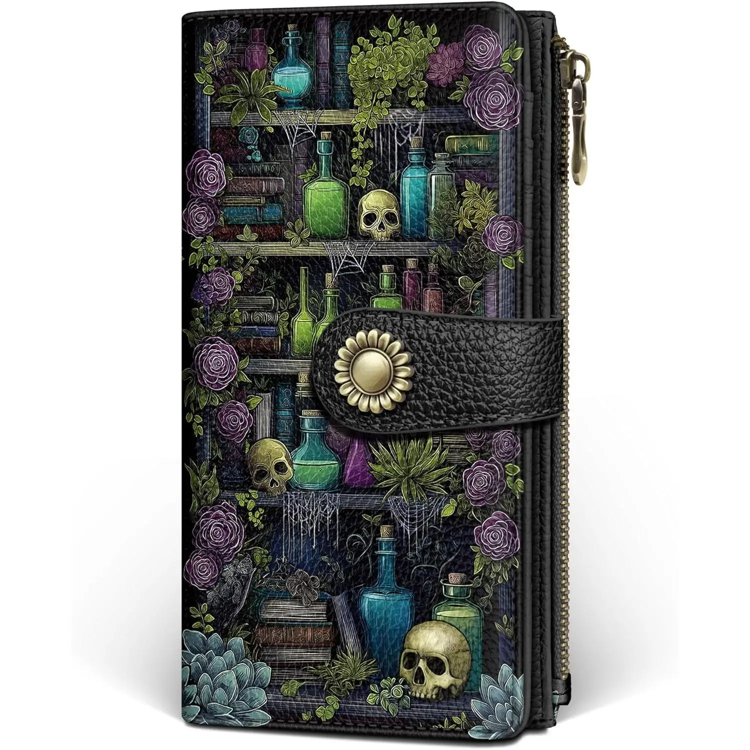 Goth Book Shelf Womens Wallet RFID Blocking, Gothic Skull Witchy Credit Card Holder Bifold, PU Leather Travel Billfold, Long Cute Cash Purse, Zipper Coin Pocket Clutch, Ladies Gift Woman