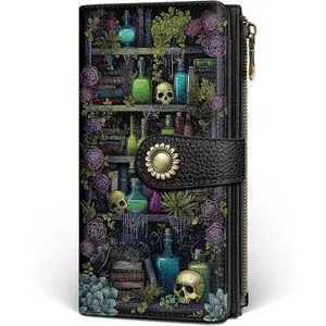 Goth Book Shelf Womens Wallet RFID Blocking, Gothic Skull Witchy Credit Card Holder Bifold, PU Leather Travel Billfold, Long Cute Cash Purse, Zipper Coin Pocket Clutch, Ladies Gift Woman