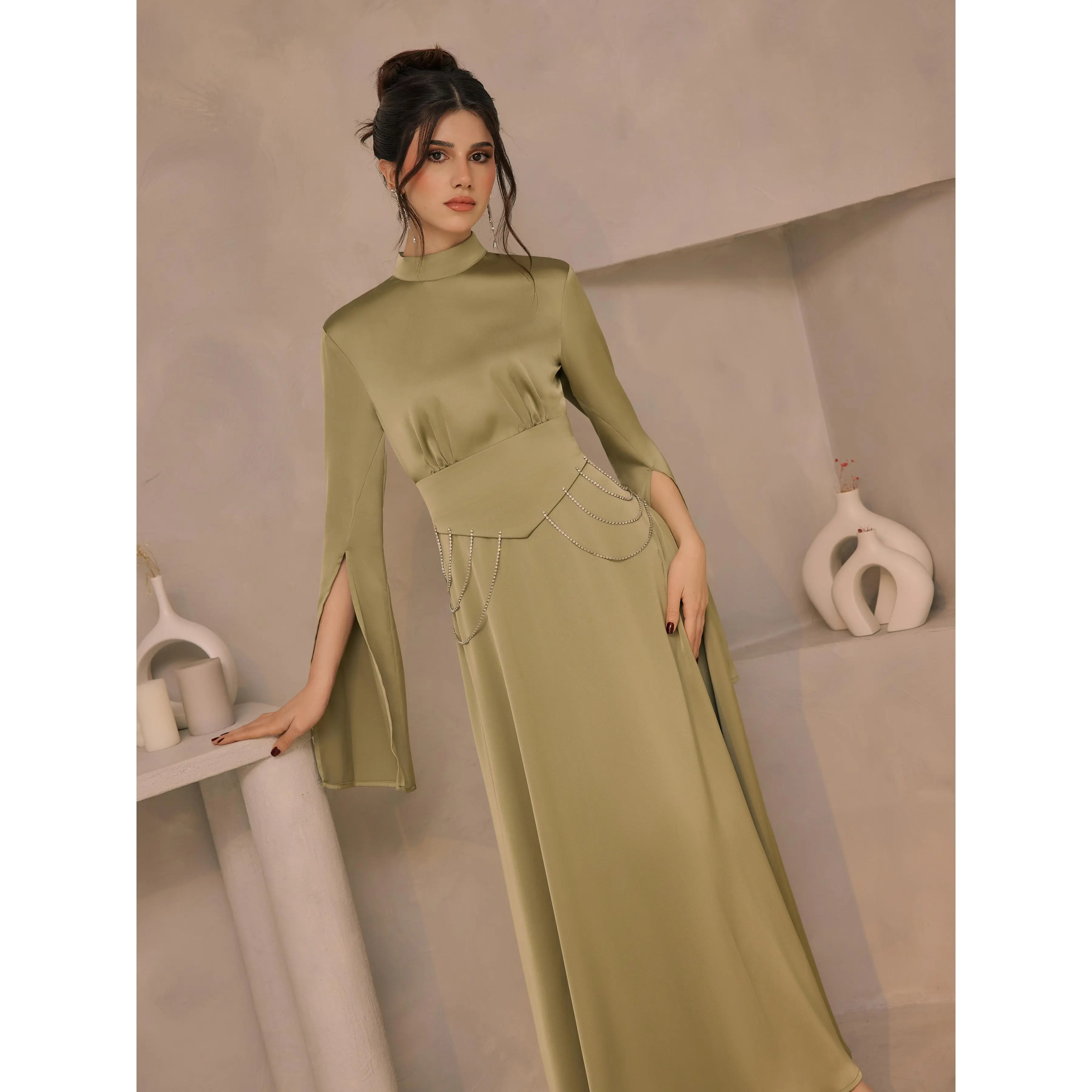 Cider Satin Stand Collar Rhinestone Chain Split Sleeve Maxi Dress - TikTok  Shop