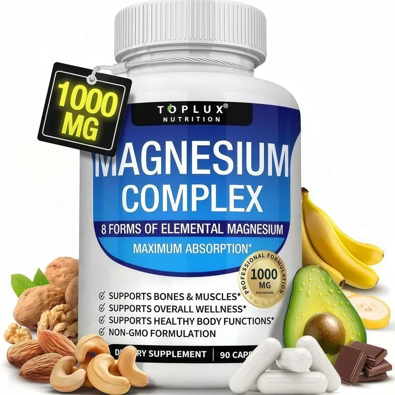 8-in-1 Chelated Elemental Magnesium Complex Supplement, 1000mg with Glycinate, Citrate, Malate & Taurate, High Absorption Healthcare Support for Muscle Recovery, Bone Health & Sleep, Vegan Non-GMO, 90 Capsules for Men & Women