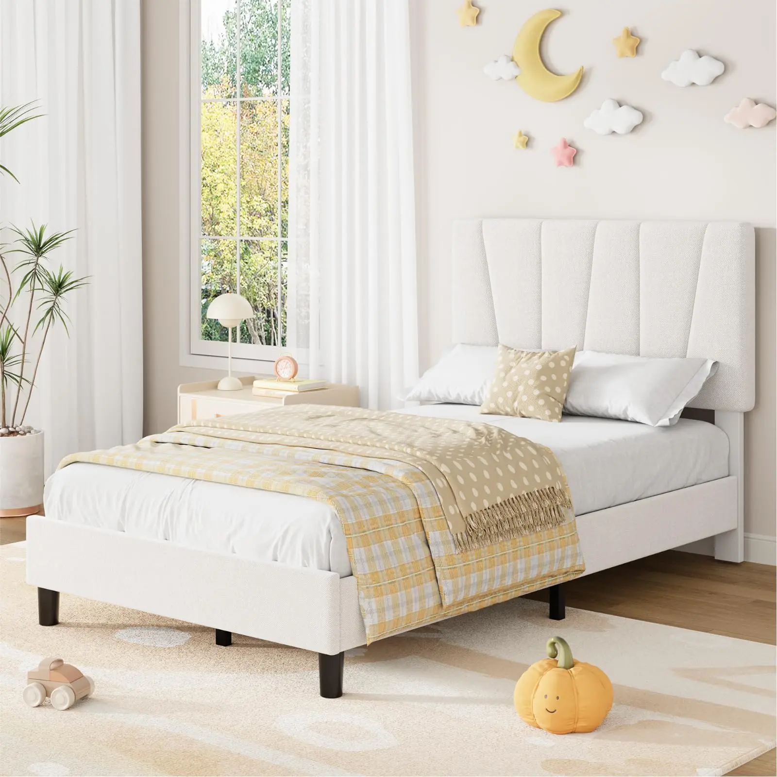 Garvee - XL Twin Size Platform Bed Frame with Adjustable Headboard, Linen Upholstered Bed with Noiseless Wooden Slat Support, No Box Spring Needed, Easy 30-Minute Assembly