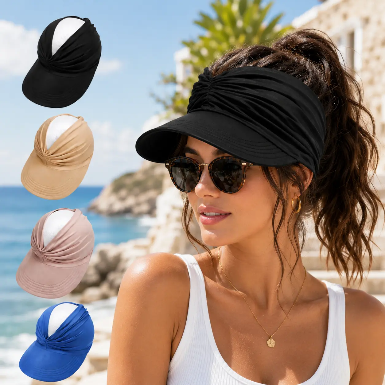 Breathable Quick-Dry Ponytail Sun Hat – Wide Brim Packable Visor, Lightweight Summer Headwear for Women Daily Wear