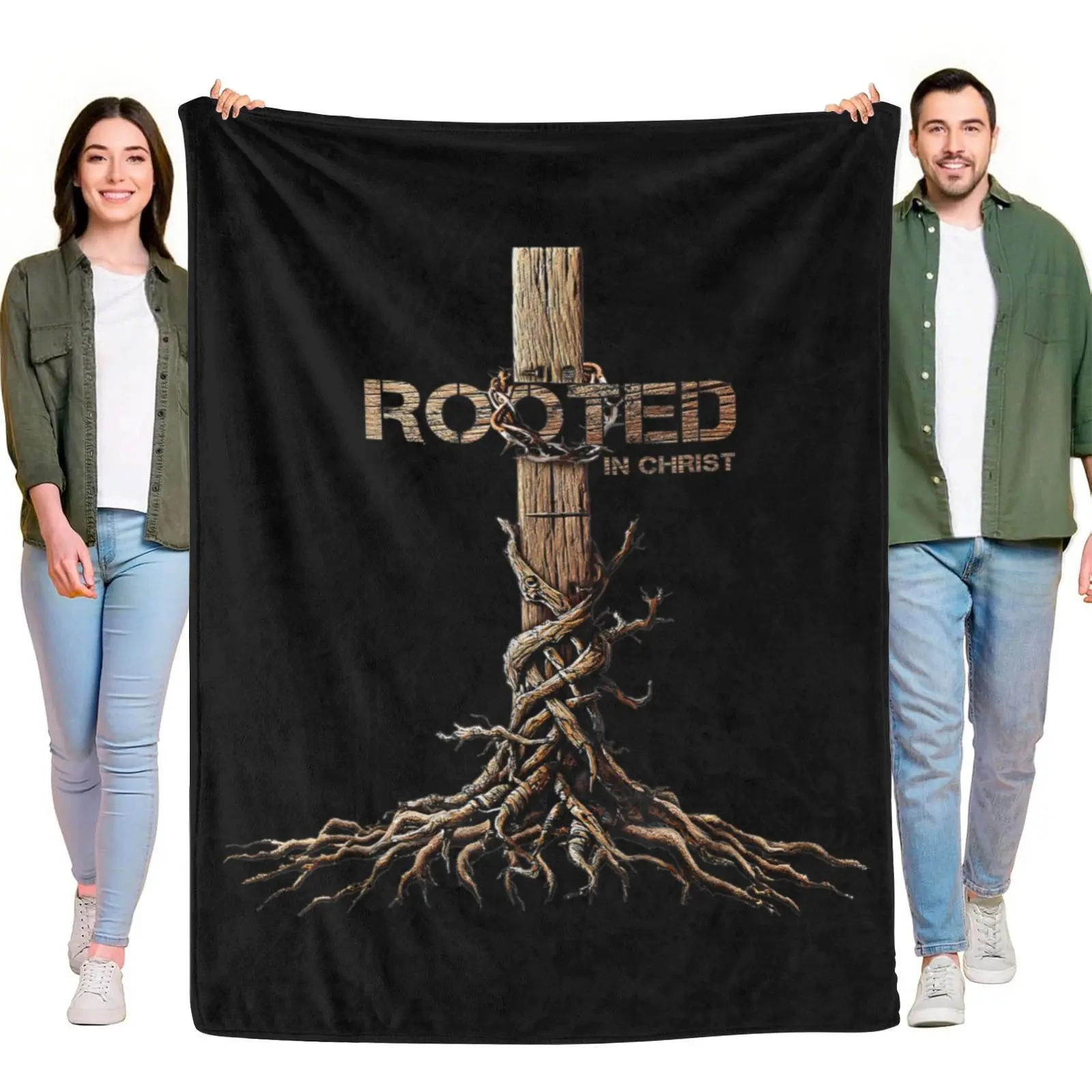 Rooted In Christ Wooden Cross Twisted Roots Thorn Crown Religious Faith Fleece Throw Blanket, Christian Believer Inspirational Warm Blanket for Church Home Decor