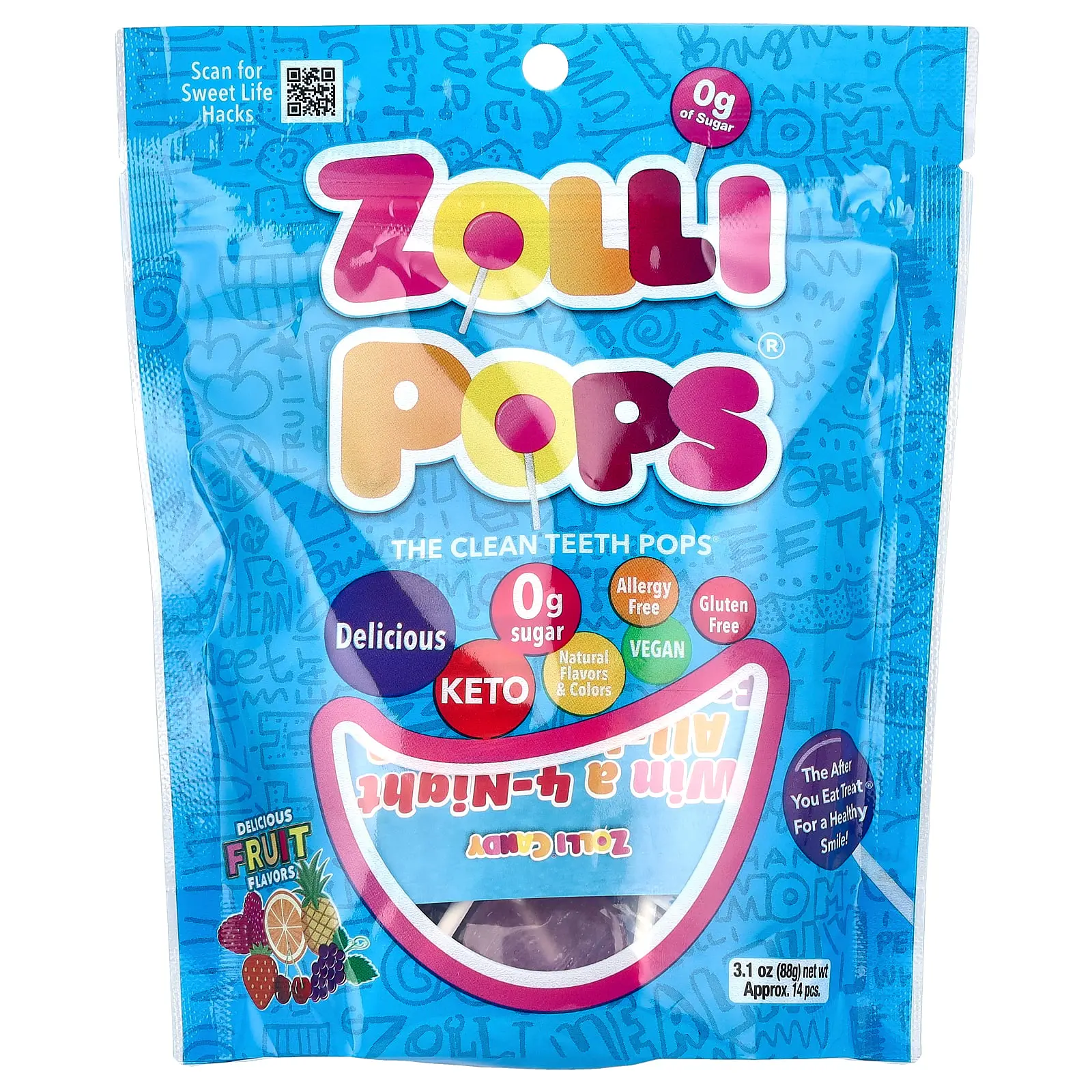 Zollipops The Clean Teeth Pops, Delicious Fruit Flavors , Approx. 14 Pieces, 3.1 oz (88 g)