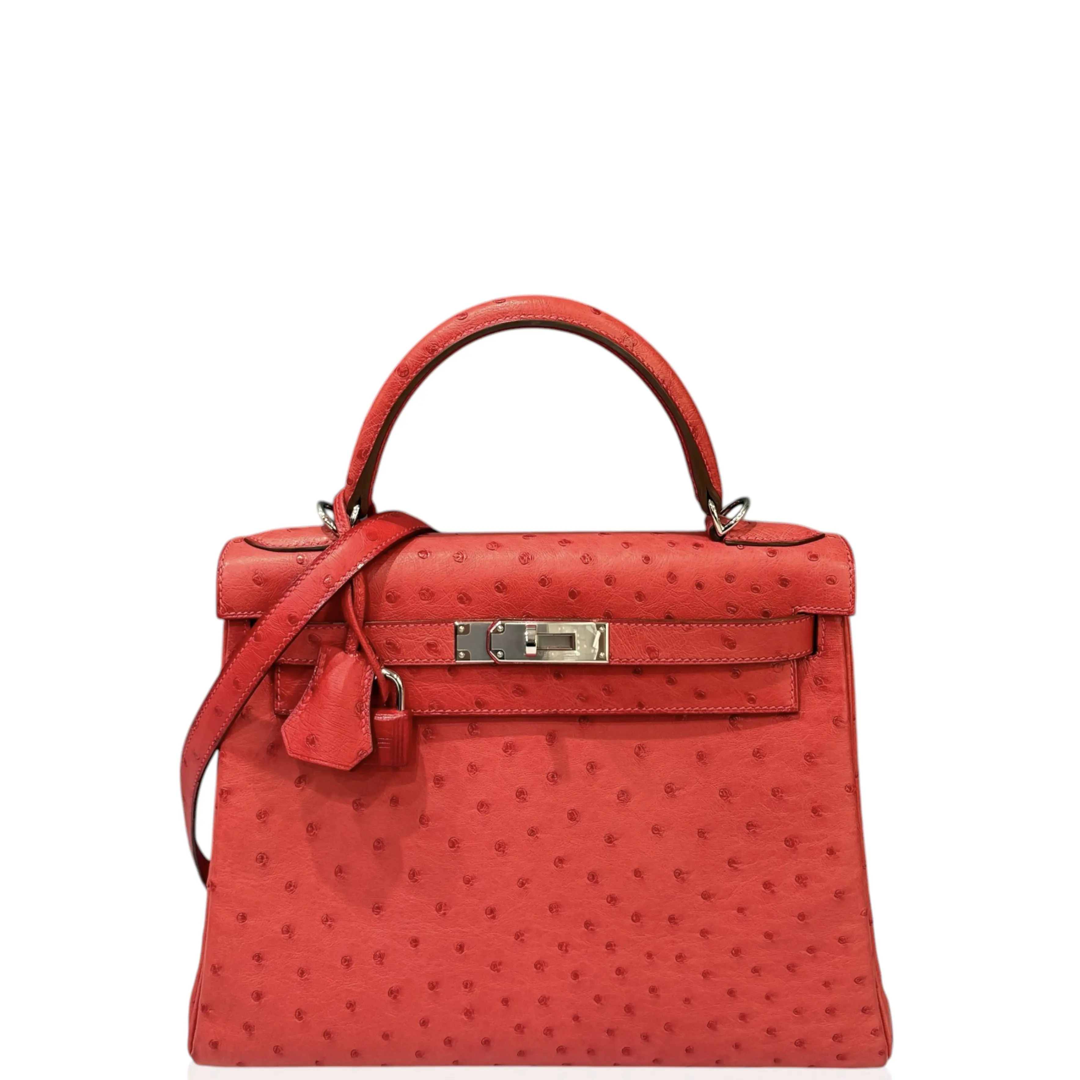 Pre-owned HERMÈS Leather tote bags Hermes Kelly 28 Ostrich 54 Rouge Garance (xx061026a3)